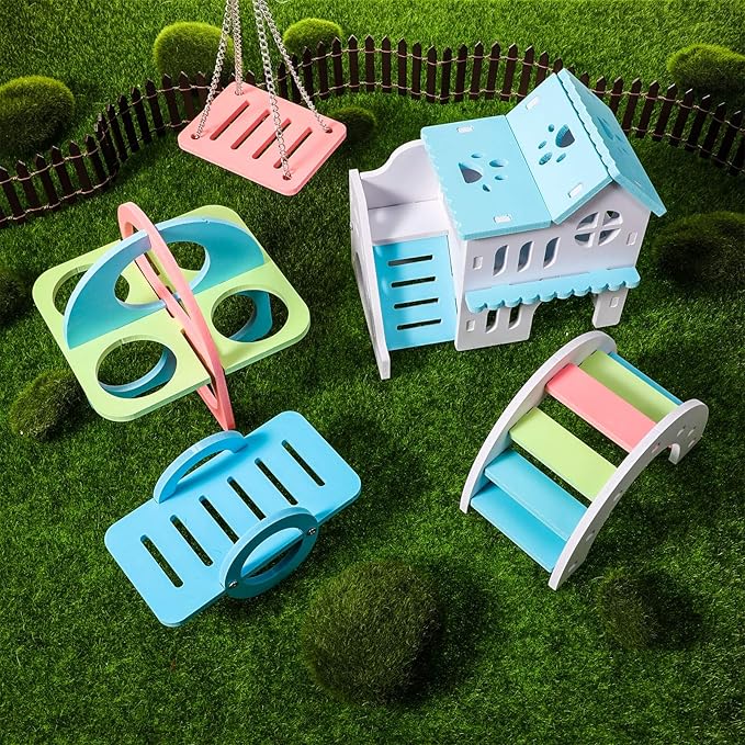Skylety 5 Pcs Hamster Toys Include Wooden Accessories Hamster House Guinea Pig Hideout Rainbow Bridge Seesaw Swing Exercise Circle Cage Toy for Small Animals(6.3 x 3.93 x 5.5 Inch,Blue)