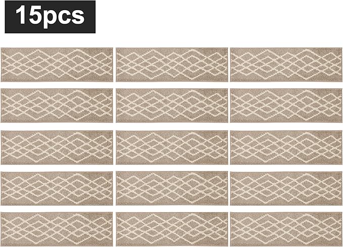 COSY HOMEER Soft Stair Treads 15pcs Non-Slip Carpet Mat 28inX9in Indoor Stair Runners for Wooden Steps,Stair Rugs for Kids and Dogs, 100% Polyester TPE Backing Beige,Rhombus