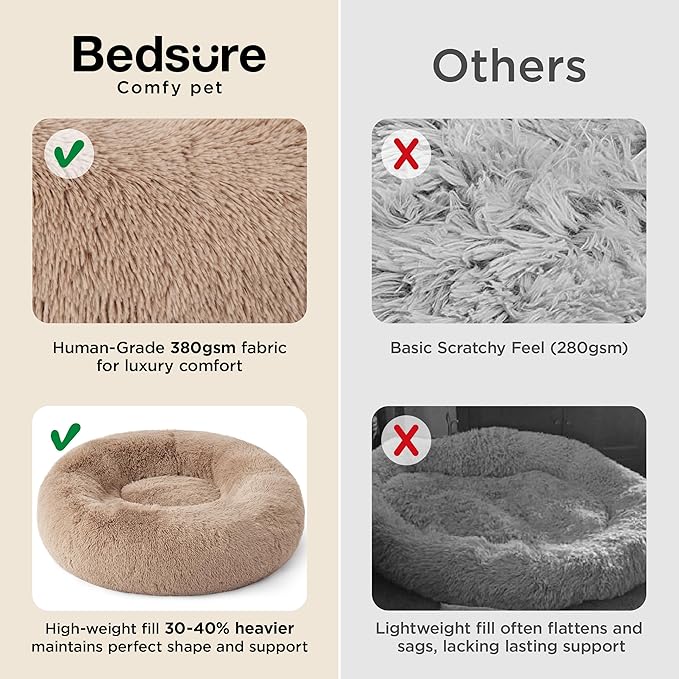 Bedsure Calming Dog Bed Medium Large Size Dogs - Donut Washable Large Pet Bed, 33 inches Anti-Slip Round Fluffy Plush Faux Fur Dog Bed, Camel
