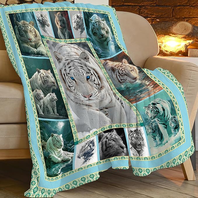 White Tiger Throw Blanket White Tiger Stuff Gifts for Kids Girls Boys Adults Women Men Soft Cozy Warm Plush Fluffy Fuzzy Fleece Blanket Decor 60''X80''