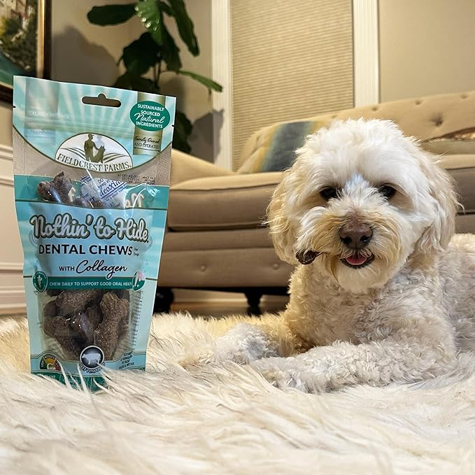 Fieldcrest Farms Dental Chews for Dogs, Wave (3inches, 12count Pack) – Tackles Plaque, Tartar, Promotes Dental Health – w/Collagen, Gluten-Free, for Aggressive Chewers up to 15lbs