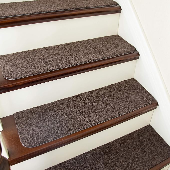 COSY HOMEER Stair Treads Non-Slip Carpet Mat 28inX9in Indoor Stair Runners for Wooden Steps, Stair Rugs for Kids and Dogs, 100% Polyester TPE Backing 4pcs,Brown,Protect Floor