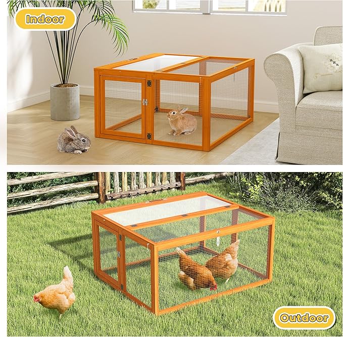 COZIWOW Chicken Coop Pen Portable Wooden Rabbit Hutch - Folding Indoor & Outdoor Chicken Cage Brooder with UV-Proof Panel, Top and Side Openable Doors, Includes 4X Garden Stakes, 43.3 Inch (Orange)