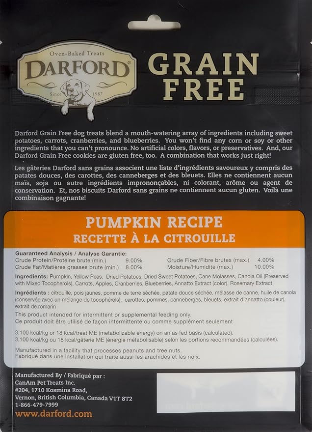 Darford Grain Free Pumpkin Dog Treats – All Natural Oven-Baked Biscuits – No Corn, Soy or Wheat – High in Fiber & Antioxidants – Made in Canada – 12oz Bag