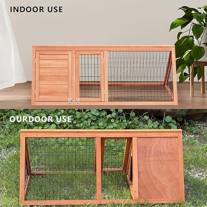 Wooden A-Frame Rabbit Hutch Bunny Cages with Ventilating Wire & 2 Doors Indoor Outdoor Portable Playpen Run House for Chicken Duck Quail Poultry & Small Animals (Natural Wood)