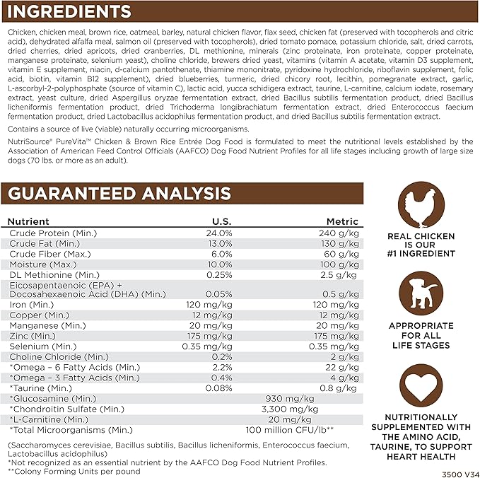 NutriSource Pure Vita Dry Dog Food, Chicken and Brown Rice, 12LB