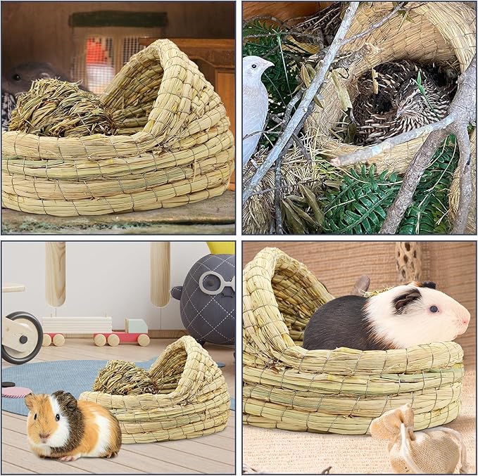 kathson Guinea Pig Grass House Guinea Pig Hideout Bunny Woven Hay Bed Hand Woven Natural Grass House for Hamster Bunny and Small Animals with Hay Chew Balls Toys(Small)