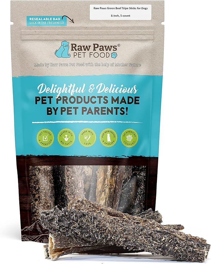 Raw Paws Green Beef Tripe Sticks for Dogs - 6-Inch (5-Count) - Packed in USA - Dried Tripe Dog Treats from Free-Range, Cows No Added Antibiotics or Hormones - Dehydrated Beef Green Tripe for Dogs