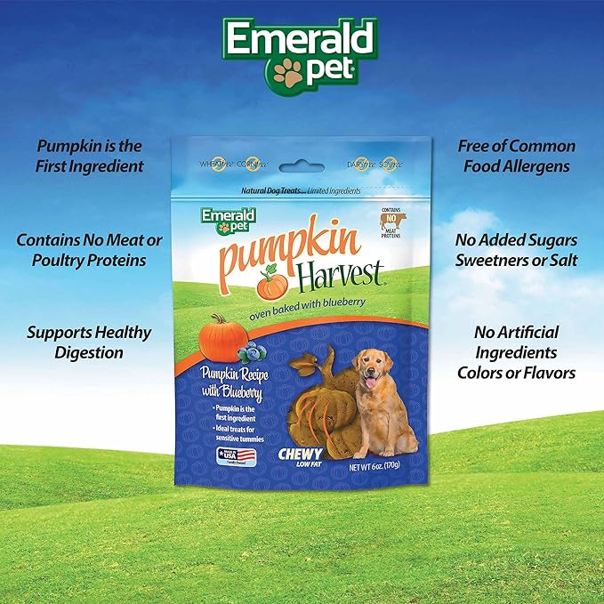 Emerald Pet Pumpkin Harvest Dog Treats - Low-Fat Chewy Natural Dog Treats with Pumpkin for Digestive Health - Meat Free, Poultry Free, Wheat Free - Blueberry, 6 oz