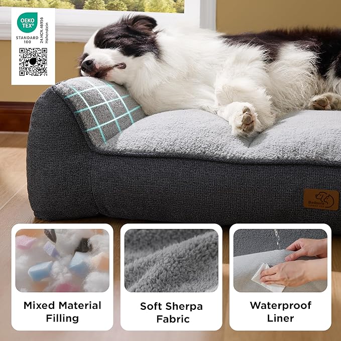Bedsure SupportMax™ Orthopedic Dog Bed Medium Size Dog - As Seen on TV Extra Thick Supportive Medium Dogs Beds with Waterproof Washable Cover, Comfort Pet Bed Sofa with Soft Sherpa, Grey, 35"