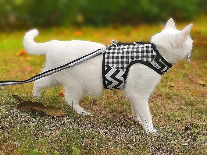 Cat Harness and Leash for Walking Escape Proof, Adjustable Cat Vest Harness, Padded Stylish Cat Walking Jackets, Black Plaid, Medium