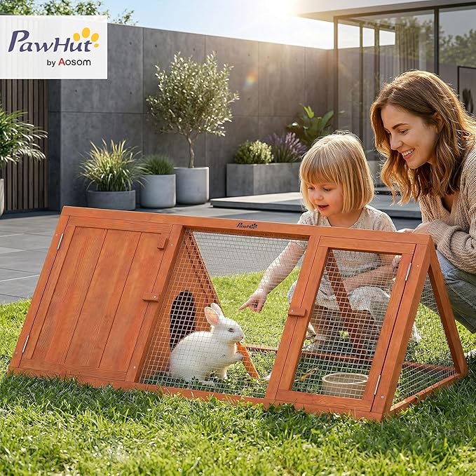 PawHut Rabbit Hutch Outdoor, Wooden Chicken Coop with Run, Outdoor Small Animal Cage for Rabbit, Small Duck and Chicken, for Garden, Backyard, Farms, 45" x 20.5" x 18", Orange