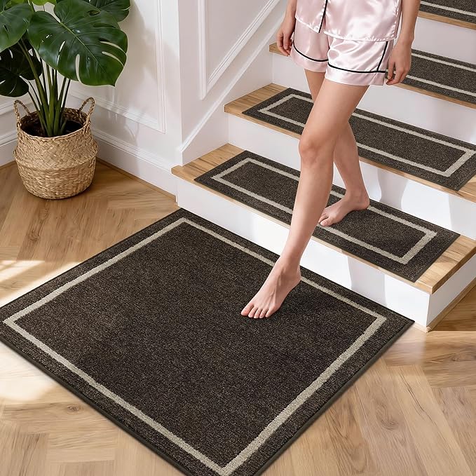 COSY HOMEER Stair Landing Rug 30x30 Inch, Non-Slip Square Landing Mat for Wood Steps Indoor, Washable Polyester with TPE Backing, Brown