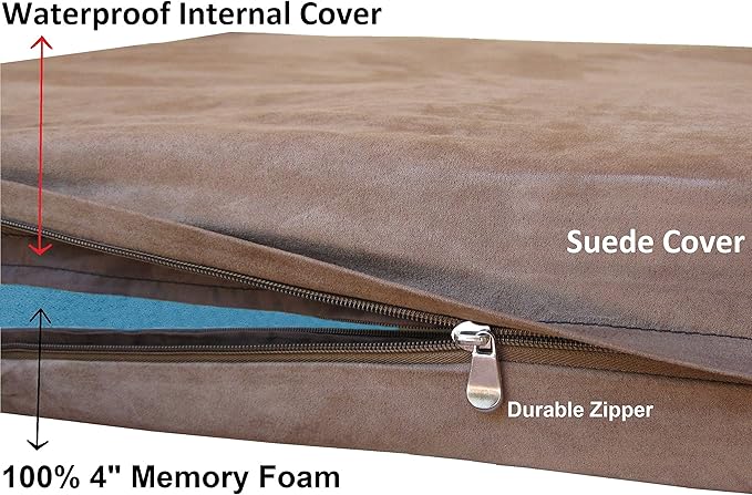Dogbed4less Extra Large Orthopedic Dog Bed with Human Grade Gel Infused Memory Foam and Waterproof Liner, Durable Microsuede Brown Cover, 47X29X4 Inch Fit 48X30 XL Crate