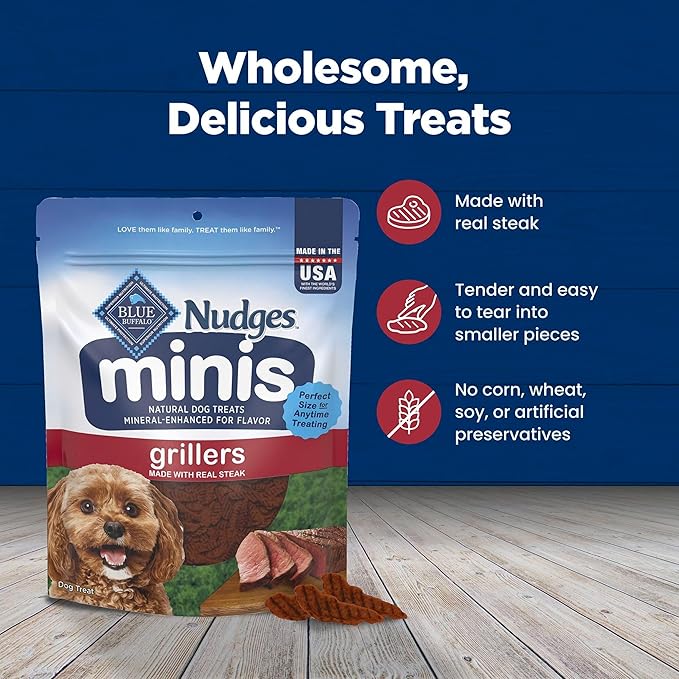 Blue Buffalo Nudges Minis Grillers Made with Real Steak, Natural Dog Treats Mineral-Enhanced for Flavor, 10 oz. Bag (Pack of 2)