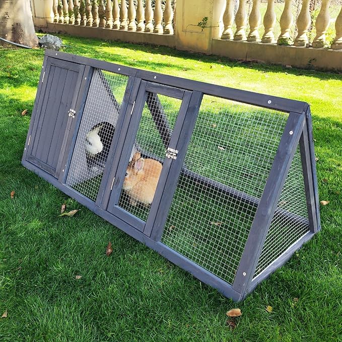 Rabbit Hutch Outdoor Chicken Coop Wooden A-Frame Small Animal Cage Quail Cage w/Chicken Run & Ventilated Wire Fence Suitable for Garden Backyard Farms 47 x 18 x 19.5 in (Grey)