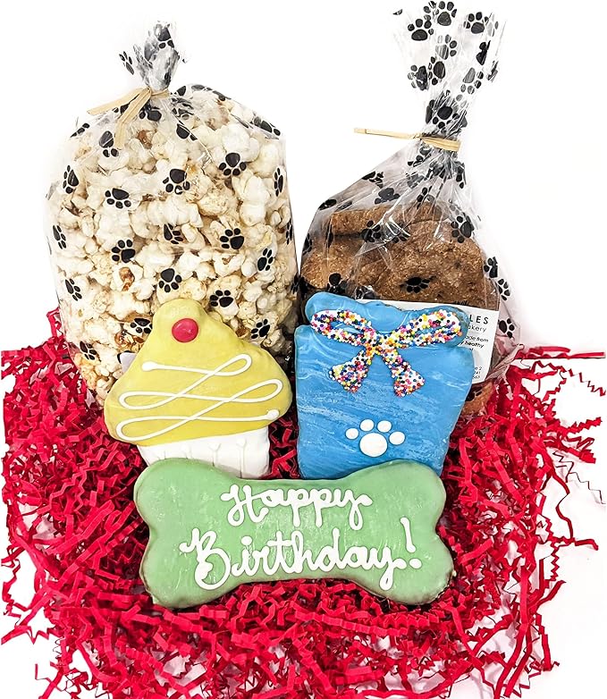 Gourmet Dog Bakery Small Birthday Treat Box with Pupcorn, Hand-Decorated Treats & More | Homemade, Fresh, Human-Grade, All-Natural Ingredients | Corn, Soy & Preservative Free | USA Made