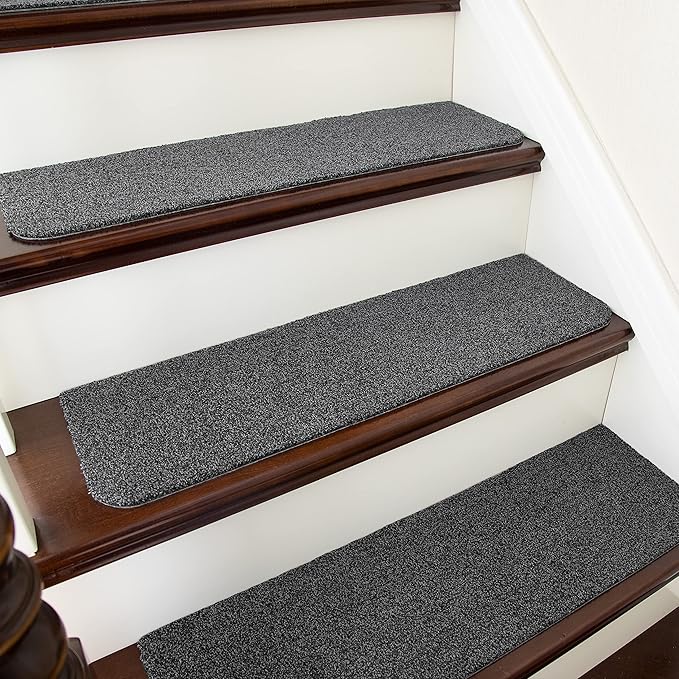 COSY HOMEER Stair Treads Non-Slip 15pcs Carpet Mat 28inX9in Indoor Stair Runners for Wooden Steps, Stair Rugs for Kids and Dogs, 100% Polyester TPE Backing Black,Protect Floor