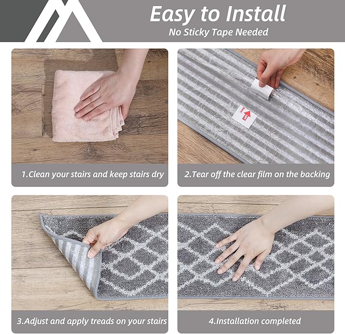 COSY HOMEER Soft Stair Treads Non-Slip Carpet Mat 28inX9in Indoor Stair Runners for Wooden Steps,Stair Rugs for Kids and Dogs, 100% Polyester TPE Backing 7pcs,Grey,Rhombus