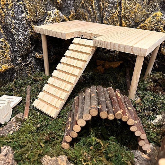 Large Hamster Platform with Ladder Wooden Syrian Hamsters Standing Platforms with Legs Set Wood Gerbils Climbing Bridge Toy Cage Accessories