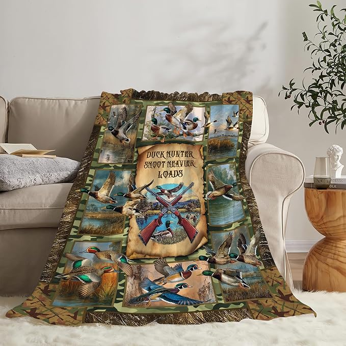 Duck Throw Blanket Hunting Mallard Duck Stuff Gifts for Kids Girls Boys Adults Women Men Soft Cozy Warm Plush Fluffy Fuzzy Fleece Blanket Decor 60''X80''