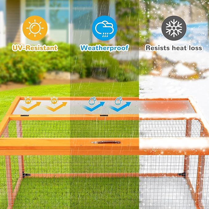 Nyeekoy Portable Chicken Coop with UV-Proof Panel, 4X Garden Stakes, Wooden Rabbit Hutch, Chicken Brooder Box Indoor, Outdoor Folding Chicken Cage, Top & Side Openable Doors, 43.3Inch (Orange)