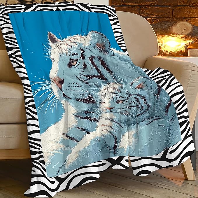 White Tiger Throw Blanket White Tiger Stuff Gifts for Kids Girls Boys Adults Women Men Soft Cozy Warm Plush Fluffy Fuzzy Fleece Blanket Decor 40''X50''