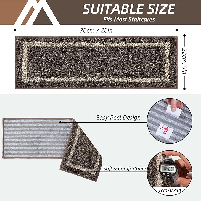 COSY HOMEER Soft Stair Treads 15pcs Non-Slip Carpet Mat 28inX9in Indoor Stair Runners for Wooden Steps,Stair Rugs for Kids and Dogs, 100% Polyester TPE Backing Brown