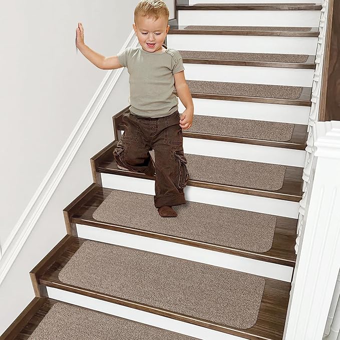 COSY HOMEER Stair Treads Non-Slip Carpet Mat 28inX9in Indoor Stair Runners for Wooden Steps, Stair Rugs for Kids and Dogs, 100% Polyester TPE Backing 7pcs,Beige,Protect Floor