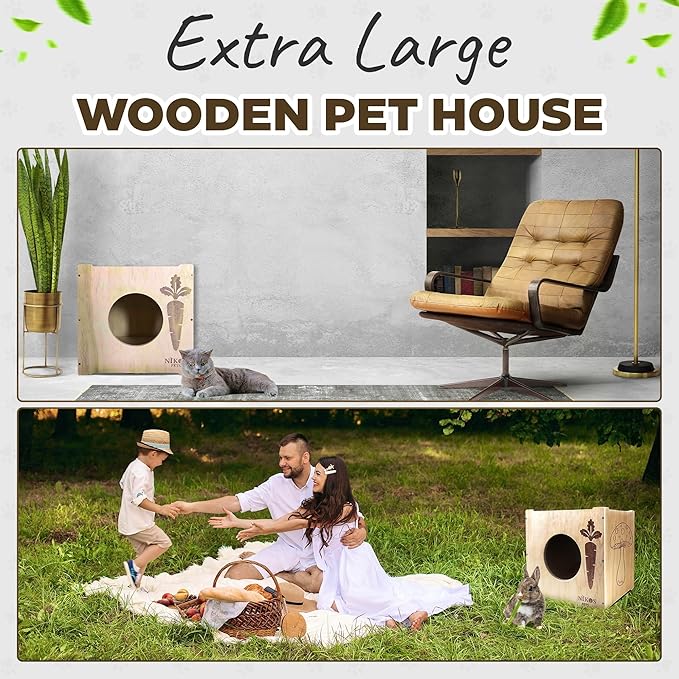 Wooden Rabbit Hideout, Rabbit Bed, Indoor Hutch, Bunny House Pet for Bunnies, Guinea Pigs, Outdoor Shelter Hut, Small Animal Hideaway, Bunny Playground (12.5 x 12.5 in)