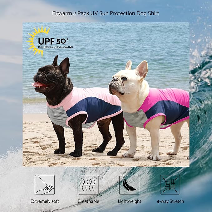 Fitwarm 2 Pack UPF 50+ UV Sun Protection Dog Shirt, Lightweight Breathable Cooling Vest, Quick Dry Dog Summer Clothes for Small Dogs Boy Girl, Reflective Label Pet Cat Outfit, Pink, Medium