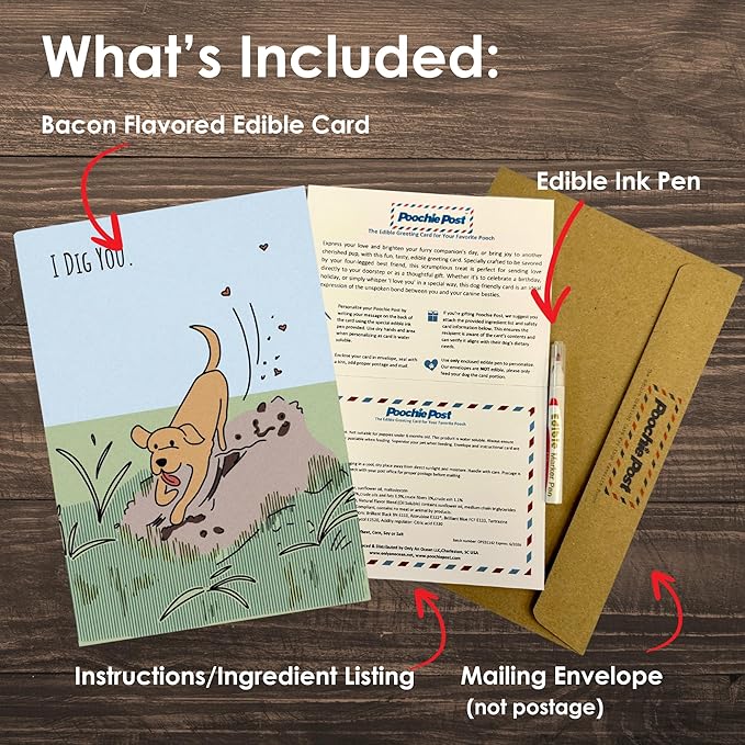 Poochie Post Edible Greeting Card for Dogs, Bacon-Flavored Dog Treat Gift with Edible Ink Pen, "I Dig You" Design, Gluten & Grain Free, Made in USA