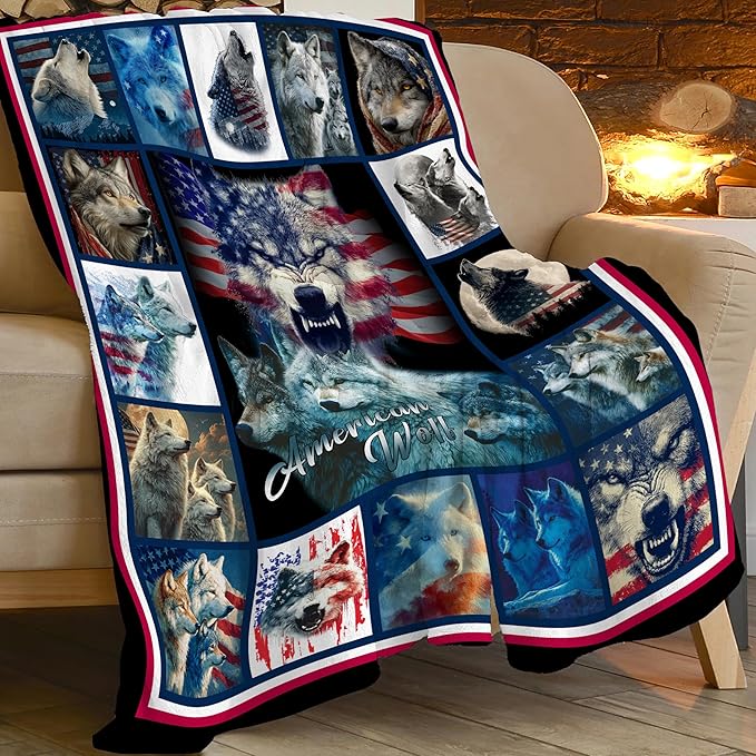 Wolf Throw Blanket American Flag Wolf Stuff Gifts for Kids Girls Boys Adults Women Men Soft Cozy Warm Plush Fluffy Fuzzy Fleece Blanket Decor 60''X80''