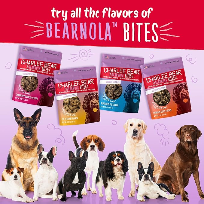 Charlee Bear Crunchy Dog Treats, Bearnola Bites Blueberry Pie, Puppy Training Treats, Vegan Dog Snacks, 8 oz Bags (2), Made USA