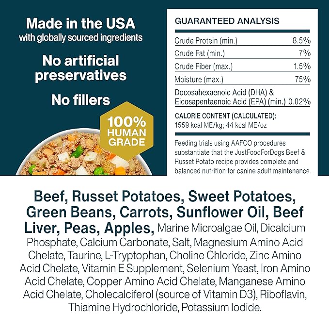 JustFoodForDogs Frozen Fresh Dog Food, Complete Meal or Dog Food Topper, Beef & Russet Potato Human Grade Dog Food Recipe, 18 oz (Pack of 21)