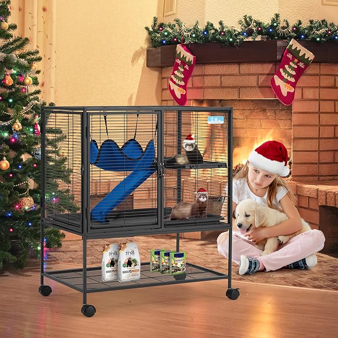 HABUTWAY 36.5''H Large Metal Rolling Ferrets Cage, 2-Tiers Small Animal Cages, Cage for Rats/Chinchillas, 0.5'' Bar Spacing for Ferret,Small Animal Cage w/Removable Ramp & Platform