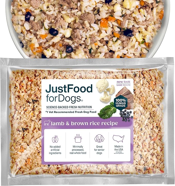 JustFoodForDogs Frozen Fresh Dog Food, Complete Meal or Topper, Lamb & Brown Rice Human Grade Dog Food Recipe, 18 oz (Pack of 7)