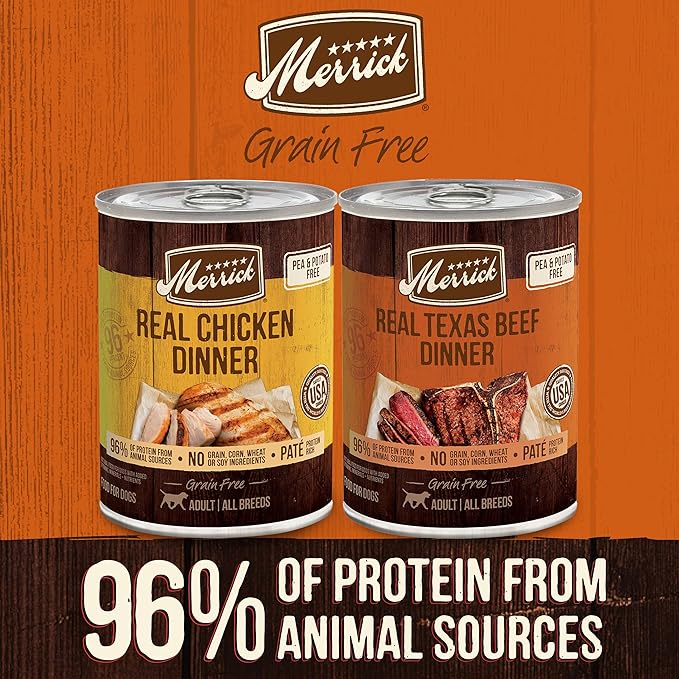 Merrick Grain Free Premium and Natural Canned Dog Food, Soft and Healthy, Real Beef and Chicken Variety Pack - (Pack of 12) 9.5 lb. Cans