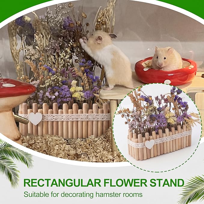 Hamster Cage Sprays Flower Foraging Holder - Natural Wood Feeding Stand, Small Pet Habitat Accessories for Hamsters Mouse Guinea Pig Dwarf Gerbils Syrian Mice (Lace - Rectangle)