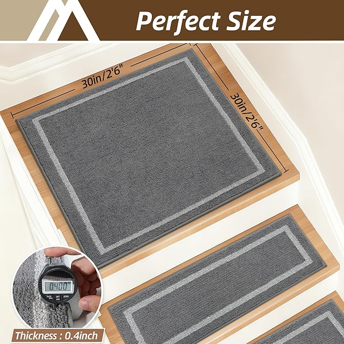COSY HOMEER Stair Landing Rug 30x30 Inch, Non-Slip Square Landing Mat for Wood Steps Indoor, Washable Polyester with TPE Backing, Grey