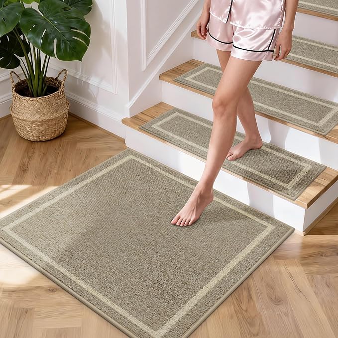 COSY HOMEER Stair Landing Rug 30x30 Inch, Non-Slip Square Landing Mat for Wood Steps Indoor, Washable Polyester with TPE Backing, Beige
