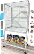 54" Large Wrought Iron Chewproof 4-Levels Tight 1/2-inch Bar Spacing Ferret Chinchilla Sugar Glider Rats Mice Home Cage with Detachable Rolling Stand