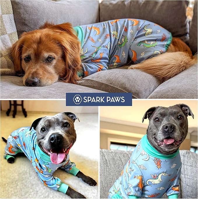 Spark Paws Dog Pajama, Dog Recovery Suit Male, Onesie, Ultra-Soft and 4-Way Stretch, for Small Medium and Large Breeds - Dragons - S