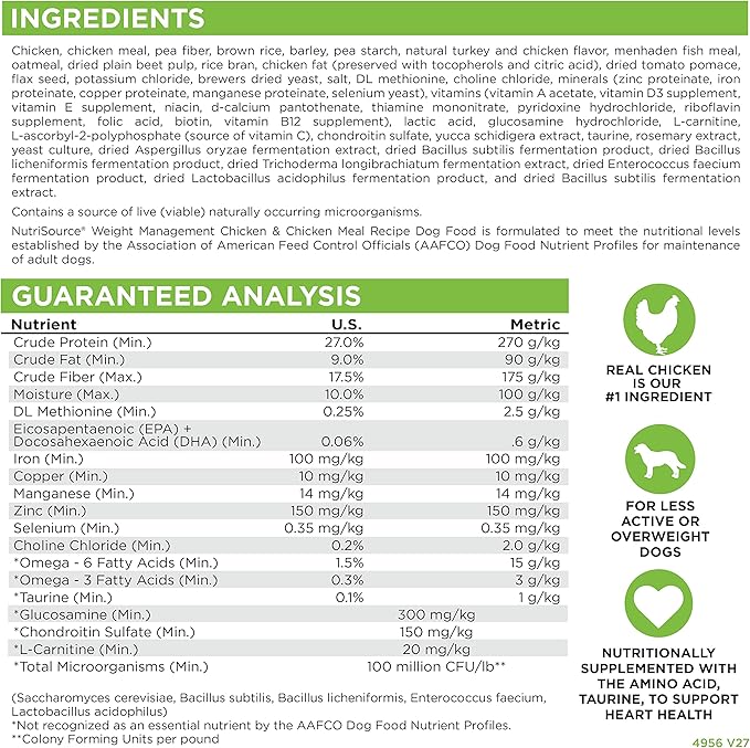 NutriSource Weight Management Dog Food, Made with Chicken and Chicken Meal, with Wholesome Grains, 30LB, Dry Dog Food