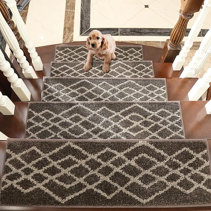 COSY HOMEER Soft Stair Treads Non-Slip Carpet Mat 28inX9in Indoor Stair Runners for Wooden Steps,Stair Rugs for Kids and Dogs, 100% Polyester TPE Backing 7pcs,Brown,Rhombus