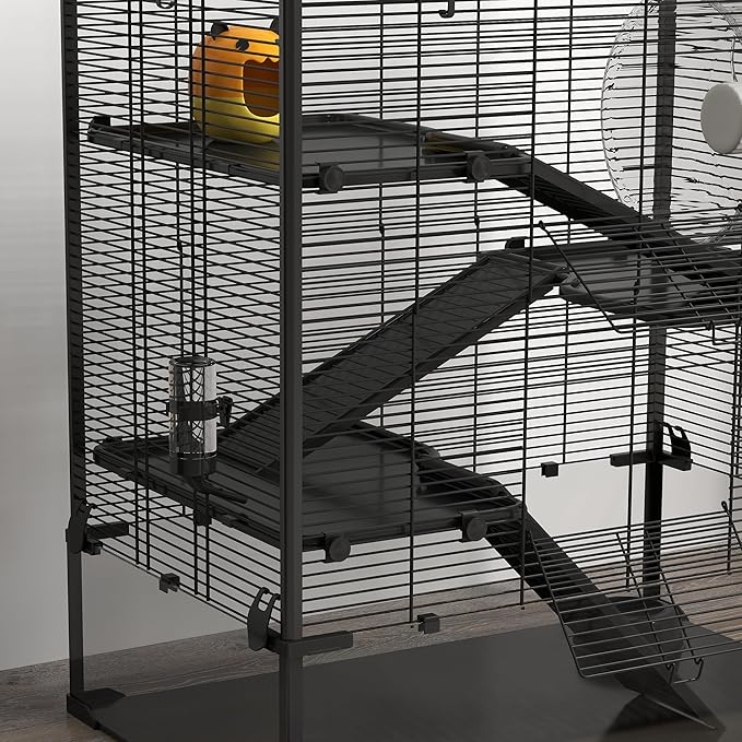 PawHut Large Hamster Cage with 9" Deep Tempered Glass Bottom, 4 Tiers Hamster Tank with Running Wheel, Hut, Water Bottle, Dish, Rat Cage for Syrian, Dwarf, Gerbils, Mouse, 31" x 19" x 31.5", Black