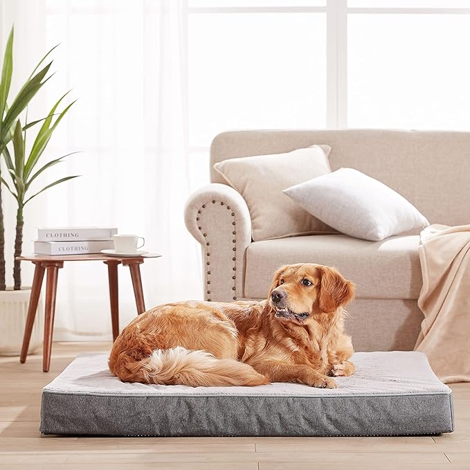 Cooling Dog Beds for Dogs, Orthopedic Memory Foam Dog Bed，Washable Pet Beds for Crate with Faux Fur Cover, Waterproof Lining (Grey, XXX-Large: 50" x 34" x 4")