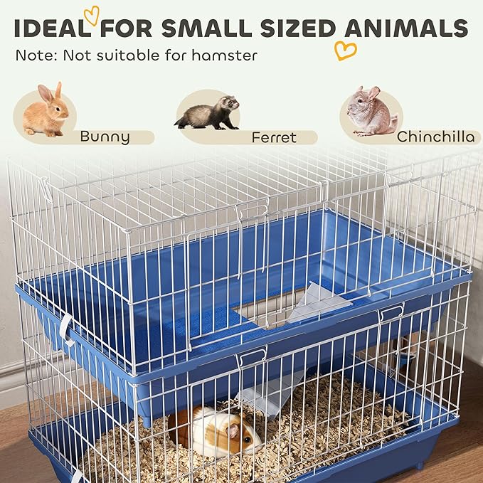 PawHut 2-Tier Guinea Pig Cage, Ferret Cage, Chinchilla Cage, Small Animal Cage Indoor with Dish and Bottle, 2 Doors, Deep Bottoms, Ramp, 28", Blue