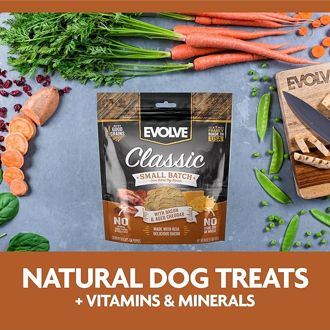 Evolve Classic Small Batch Oven Baked with Bacon and Aged Cheddar Cheese Biscuits Dog Treats, 16oz