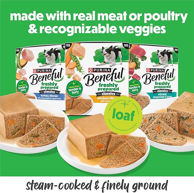 Purina Beneful Freshly Prepared Classics Wet Dog Food Variety Pack with Chicken Dinner, with Turkey or with Lamb - 9.5 oz Carton (Pack of 6)